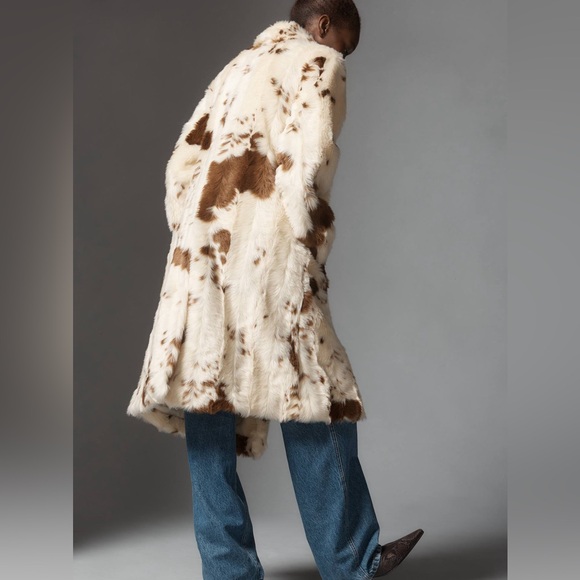 Anthropologie Maeve Grand Glam Faux Fur Coat Long Jacket in Cream and Brown - Picture 2 of 7